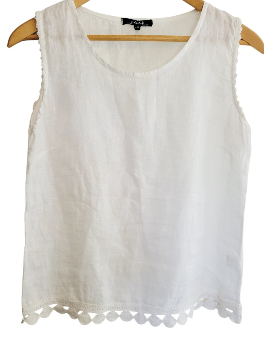 Charlie B 100% Linen Tank Top White Made in Italy Sz Medium Crochet Coastal